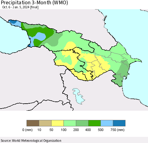 Azerbaijan, Armenia and Georgia Precipitation 3-Month (WMO) Thematic Map For 10/6/2023 - 1/5/2024