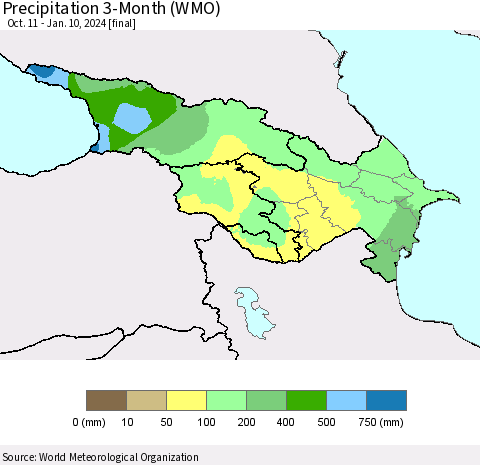 Azerbaijan, Armenia and Georgia Precipitation 3-Month (WMO) Thematic Map For 10/11/2023 - 1/10/2024