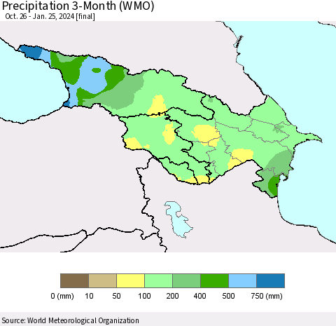 Azerbaijan, Armenia and Georgia Precipitation 3-Month (WMO) Thematic Map For 10/26/2023 - 1/25/2024