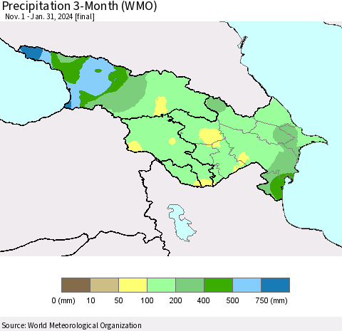 Azerbaijan, Armenia and Georgia Precipitation 3-Month (WMO) Thematic Map For 11/1/2023 - 1/31/2024