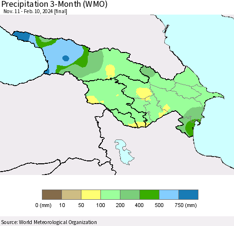Azerbaijan, Armenia and Georgia Precipitation 3-Month (WMO) Thematic Map For 11/11/2023 - 2/10/2024