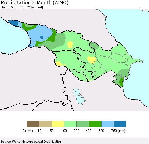Azerbaijan, Armenia and Georgia Precipitation 3-Month (WMO) Thematic Map For 11/16/2023 - 2/15/2024