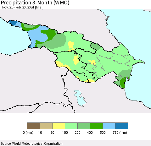 Azerbaijan, Armenia and Georgia Precipitation 3-Month (WMO) Thematic Map For 11/21/2023 - 2/20/2024