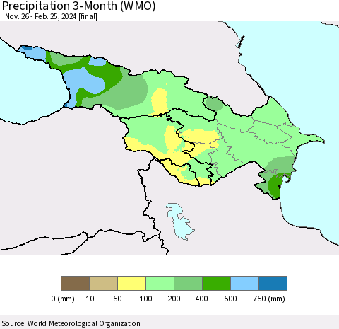 Azerbaijan, Armenia and Georgia Precipitation 3-Month (WMO) Thematic Map For 11/26/2023 - 2/25/2024