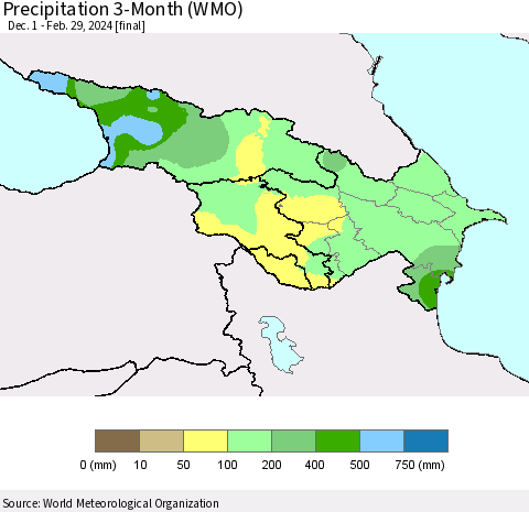 Azerbaijan, Armenia and Georgia Precipitation 3-Month (WMO) Thematic Map For 12/1/2023 - 2/29/2024