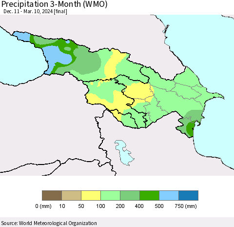 Azerbaijan, Armenia and Georgia Precipitation 3-Month (WMO) Thematic Map For 12/11/2023 - 3/10/2024