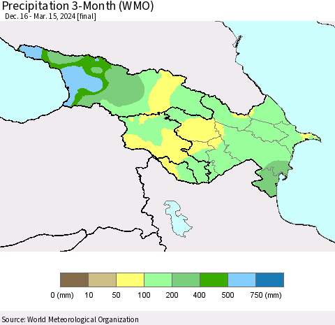Azerbaijan, Armenia and Georgia Precipitation 3-Month (WMO) Thematic Map For 12/16/2023 - 3/15/2024