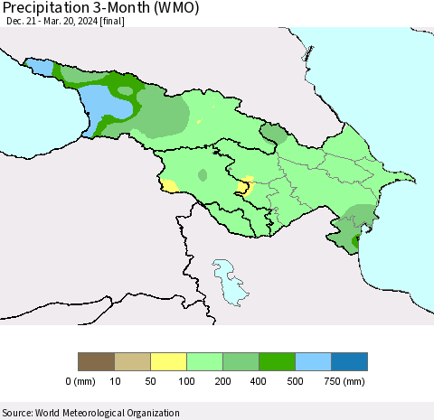 Azerbaijan, Armenia and Georgia Precipitation 3-Month (WMO) Thematic Map For 12/21/2023 - 3/20/2024