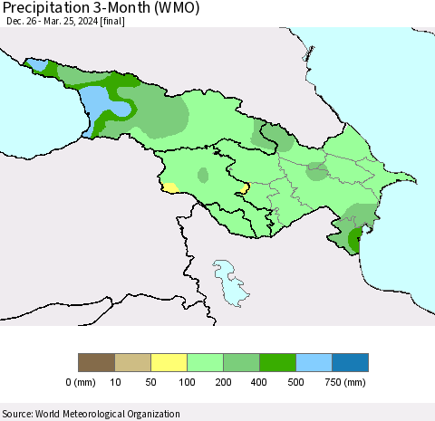 Azerbaijan, Armenia and Georgia Precipitation 3-Month (WMO) Thematic Map For 12/26/2023 - 3/25/2024