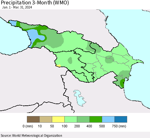 Azerbaijan, Armenia and Georgia Precipitation 3-Month (WMO) Thematic Map For 1/1/2024 - 3/31/2024