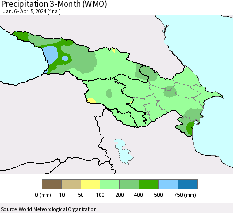 Azerbaijan, Armenia and Georgia Precipitation 3-Month (WMO) Thematic Map For 1/6/2024 - 4/5/2024