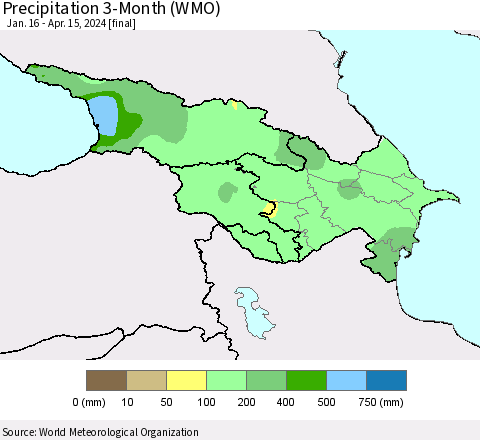 Azerbaijan, Armenia and Georgia Precipitation 3-Month (WMO) Thematic Map For 1/16/2024 - 4/15/2024