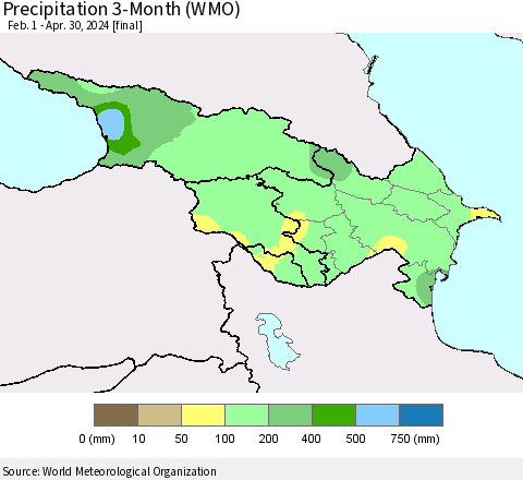 Azerbaijan, Armenia and Georgia Precipitation 3-Month (WMO) Thematic Map For 2/1/2024 - 4/30/2024