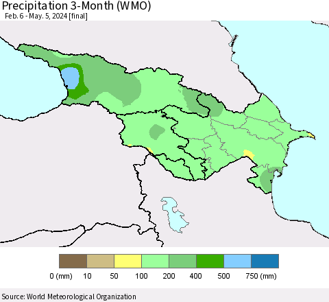 Azerbaijan, Armenia and Georgia Precipitation 3-Month (WMO) Thematic Map For 2/6/2024 - 5/5/2024
