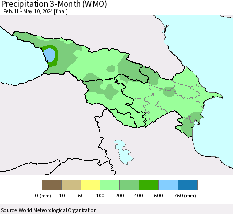 Azerbaijan, Armenia and Georgia Precipitation 3-Month (WMO) Thematic Map For 2/11/2024 - 5/10/2024