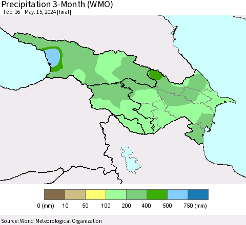 Azerbaijan, Armenia and Georgia Precipitation 3-Month (WMO) Thematic Map For 2/16/2024 - 5/15/2024