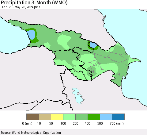 Azerbaijan, Armenia and Georgia Precipitation 3-Month (WMO) Thematic Map For 2/21/2024 - 5/20/2024