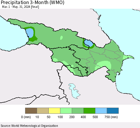 Azerbaijan, Armenia and Georgia Precipitation 3-Month (WMO) Thematic Map For 3/1/2024 - 5/31/2024