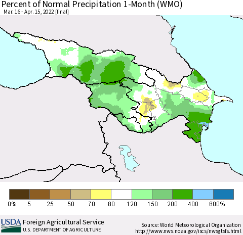 Azerbaijan, Armenia and Georgia Percent of Normal Precipitation 1-Month (WMO) Thematic Map For 3/16/2022 - 4/15/2022