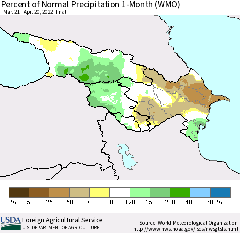 Azerbaijan, Armenia and Georgia Percent of Normal Precipitation 1-Month (WMO) Thematic Map For 3/21/2022 - 4/20/2022