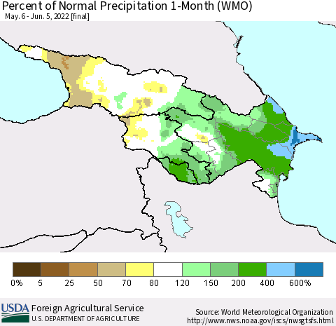 Azerbaijan, Armenia and Georgia Percent of Normal Precipitation 1-Month (WMO) Thematic Map For 5/6/2022 - 6/5/2022