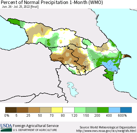 Azerbaijan, Armenia and Georgia Percent of Normal Precipitation 1-Month (WMO) Thematic Map For 6/26/2022 - 7/25/2022