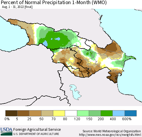 Azerbaijan, Armenia and Georgia Percent of Normal Precipitation 1-Month (WMO) Thematic Map For 8/1/2022 - 8/31/2022