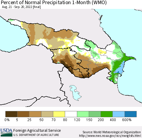 Azerbaijan, Armenia and Georgia Percent of Normal Precipitation 1-Month (WMO) Thematic Map For 8/21/2022 - 9/20/2022