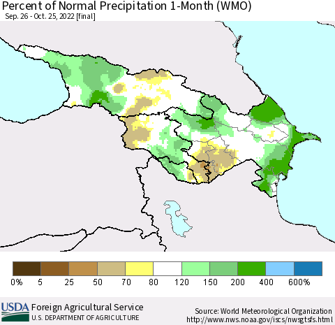 Azerbaijan, Armenia and Georgia Percent of Normal Precipitation 1-Month (WMO) Thematic Map For 9/26/2022 - 10/25/2022