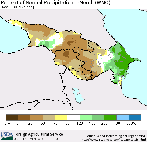 Azerbaijan, Armenia and Georgia Percent of Normal Precipitation 1-Month (WMO) Thematic Map For 11/1/2022 - 11/30/2022