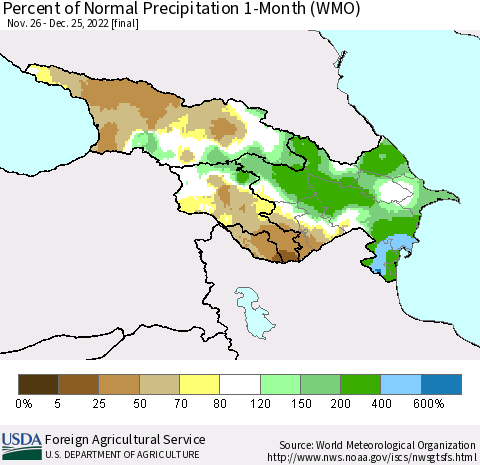Azerbaijan, Armenia and Georgia Percent of Normal Precipitation 1-Month (WMO) Thematic Map For 11/26/2022 - 12/25/2022