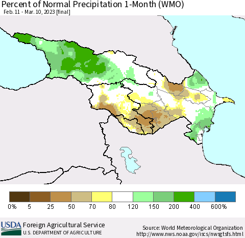 Azerbaijan, Armenia and Georgia Percent of Normal Precipitation 1-Month (WMO) Thematic Map For 2/11/2023 - 3/10/2023
