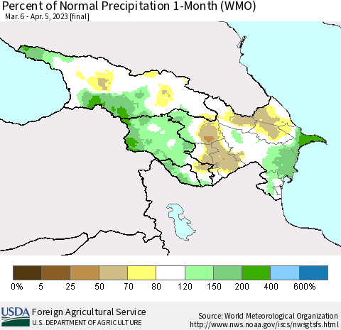 Azerbaijan, Armenia and Georgia Percent of Normal Precipitation 1-Month (WMO) Thematic Map For 3/6/2023 - 4/5/2023