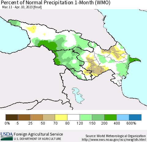 Azerbaijan, Armenia and Georgia Percent of Normal Precipitation 1-Month (WMO) Thematic Map For 3/11/2023 - 4/10/2023