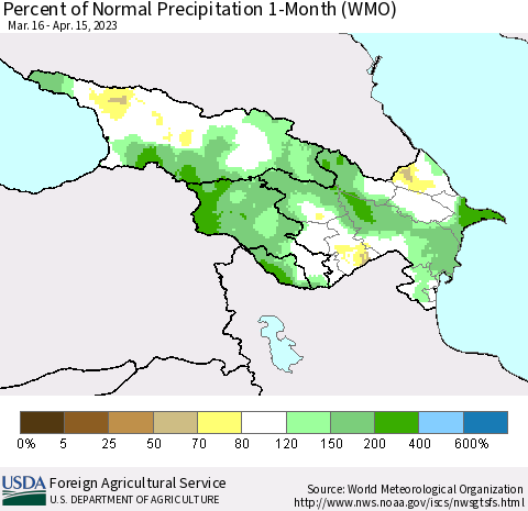 Azerbaijan, Armenia and Georgia Percent of Normal Precipitation 1-Month (WMO) Thematic Map For 3/16/2023 - 4/15/2023