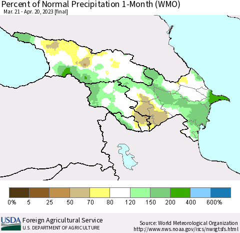 Azerbaijan, Armenia and Georgia Percent of Normal Precipitation 1-Month (WMO) Thematic Map For 3/21/2023 - 4/20/2023