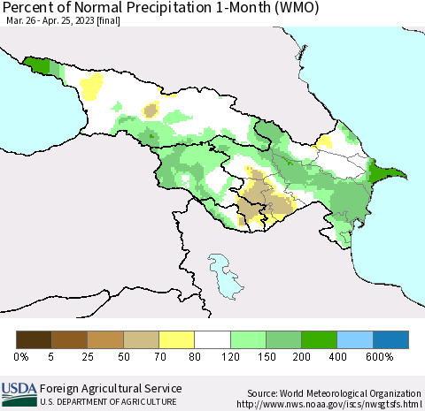 Azerbaijan, Armenia and Georgia Percent of Normal Precipitation 1-Month (WMO) Thematic Map For 3/26/2023 - 4/25/2023