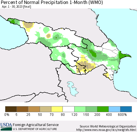 Azerbaijan, Armenia and Georgia Percent of Normal Precipitation 1-Month (WMO) Thematic Map For 4/1/2023 - 4/30/2023