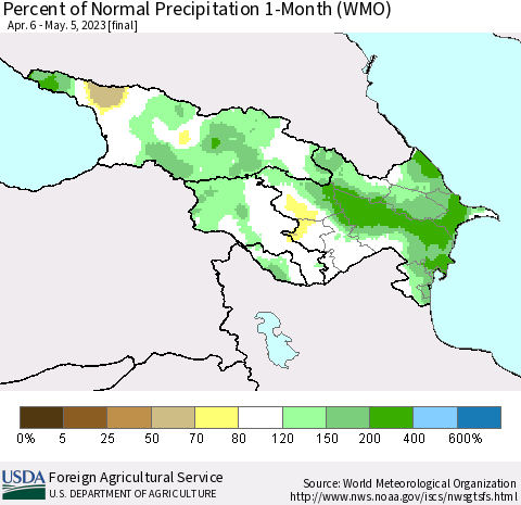Azerbaijan, Armenia and Georgia Percent of Normal Precipitation 1-Month (WMO) Thematic Map For 4/6/2023 - 5/5/2023