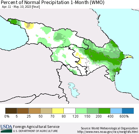 Azerbaijan, Armenia and Georgia Percent of Normal Precipitation 1-Month (WMO) Thematic Map For 4/11/2023 - 5/10/2023