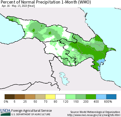 Azerbaijan, Armenia and Georgia Percent of Normal Precipitation 1-Month (WMO) Thematic Map For 4/16/2023 - 5/15/2023