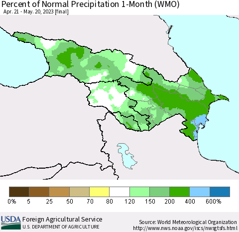 Azerbaijan, Armenia and Georgia Percent of Normal Precipitation 1-Month (WMO) Thematic Map For 4/21/2023 - 5/20/2023