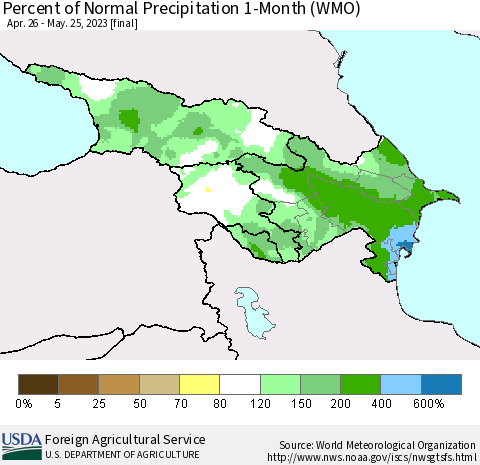 Azerbaijan, Armenia and Georgia Percent of Normal Precipitation 1-Month (WMO) Thematic Map For 4/26/2023 - 5/25/2023