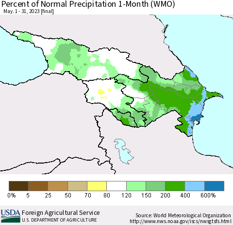 Azerbaijan, Armenia and Georgia Percent of Normal Precipitation 1-Month (WMO) Thematic Map For 5/1/2023 - 5/31/2023