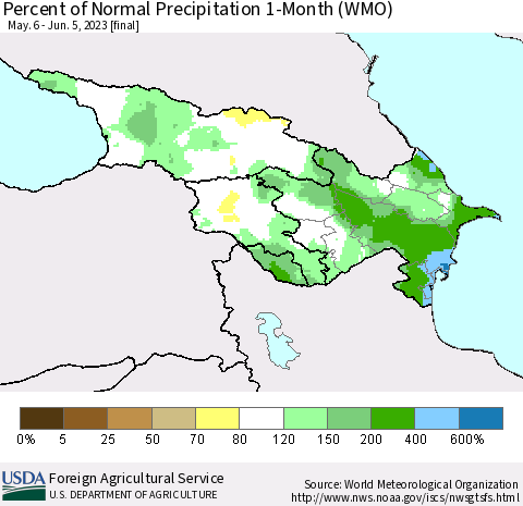 Azerbaijan, Armenia and Georgia Percent of Normal Precipitation 1-Month (WMO) Thematic Map For 5/6/2023 - 6/5/2023