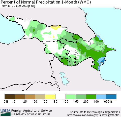 Azerbaijan, Armenia and Georgia Percent of Normal Precipitation 1-Month (WMO) Thematic Map For 5/11/2023 - 6/10/2023