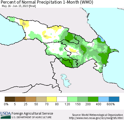 Azerbaijan, Armenia and Georgia Percent of Normal Precipitation 1-Month (WMO) Thematic Map For 5/16/2023 - 6/15/2023
