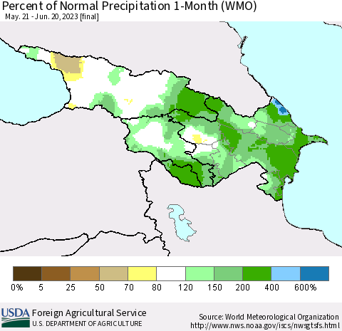 Azerbaijan, Armenia and Georgia Percent of Normal Precipitation 1-Month (WMO) Thematic Map For 5/21/2023 - 6/20/2023