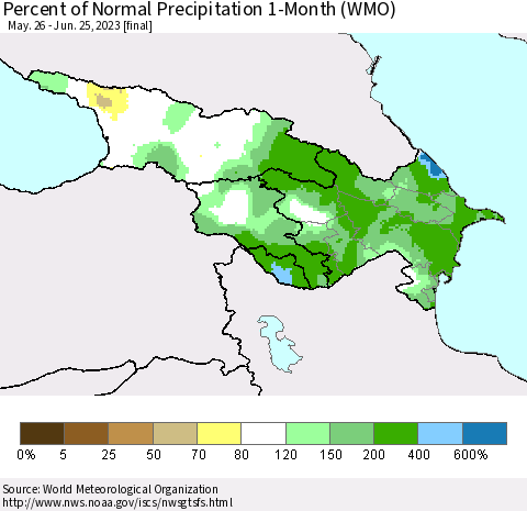 Azerbaijan, Armenia and Georgia Percent of Normal Precipitation 1-Month (WMO) Thematic Map For 5/26/2023 - 6/25/2023