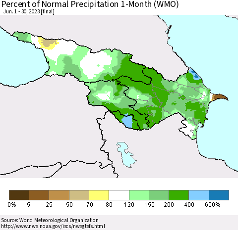 Azerbaijan, Armenia and Georgia Percent of Normal Precipitation 1-Month (WMO) Thematic Map For 6/1/2023 - 6/30/2023
